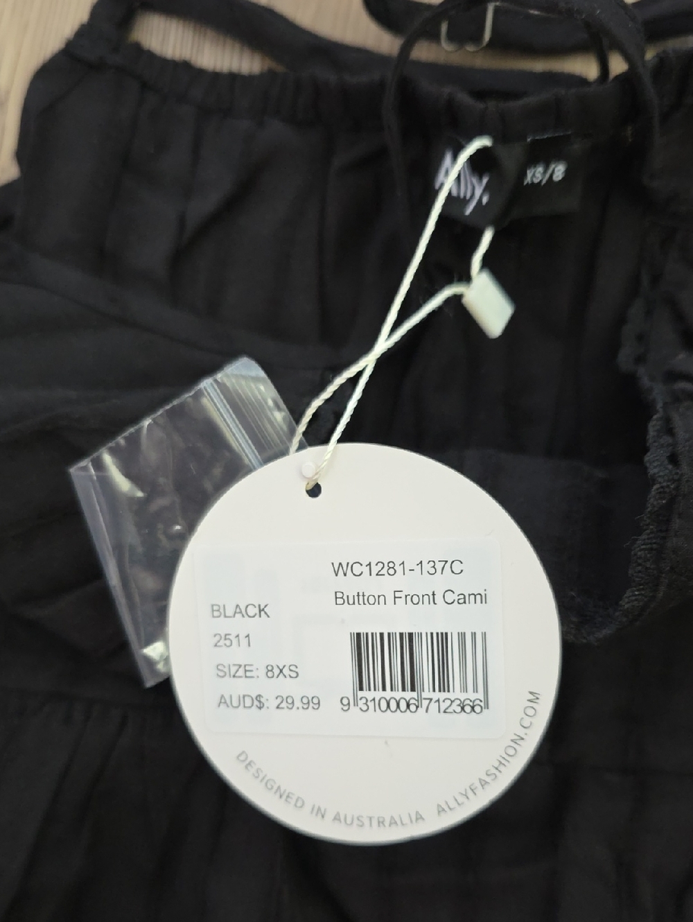 NWT Ally Black Spaghetti Strap Button-Front Cami - Picture 2 of 3